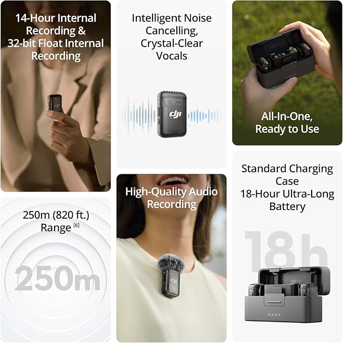 DJI Mic 2 (2 sänd. + 1 mott. + laddningsfodral), trådlös allt-i-ett-mikrofon