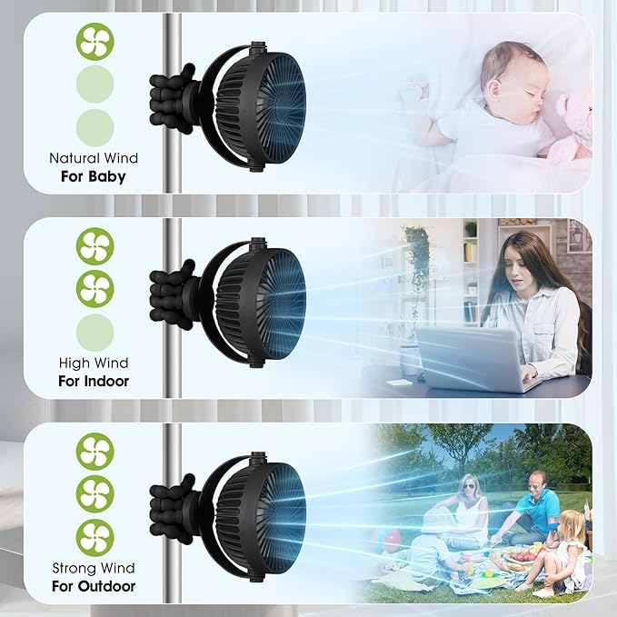 POPERFUN Barnvagnsfläkt 5200mAh 40 timmar