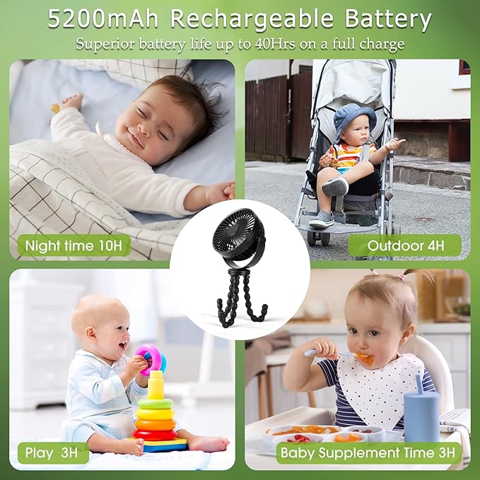 POPERFUN Barnvagnsfläkt 5200mAh 40 timmar