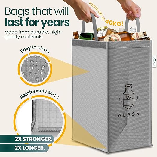 NORGGO® Återvinningskärl – Set med 3 x 40L för plast, papper och glas – Hållbara soptunnor för återvinning