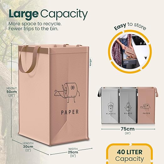 NORGGO® Återvinningskärl – Set med 3 x 40L för plast, papper och glas – Hållbara soptunnor för återvinning