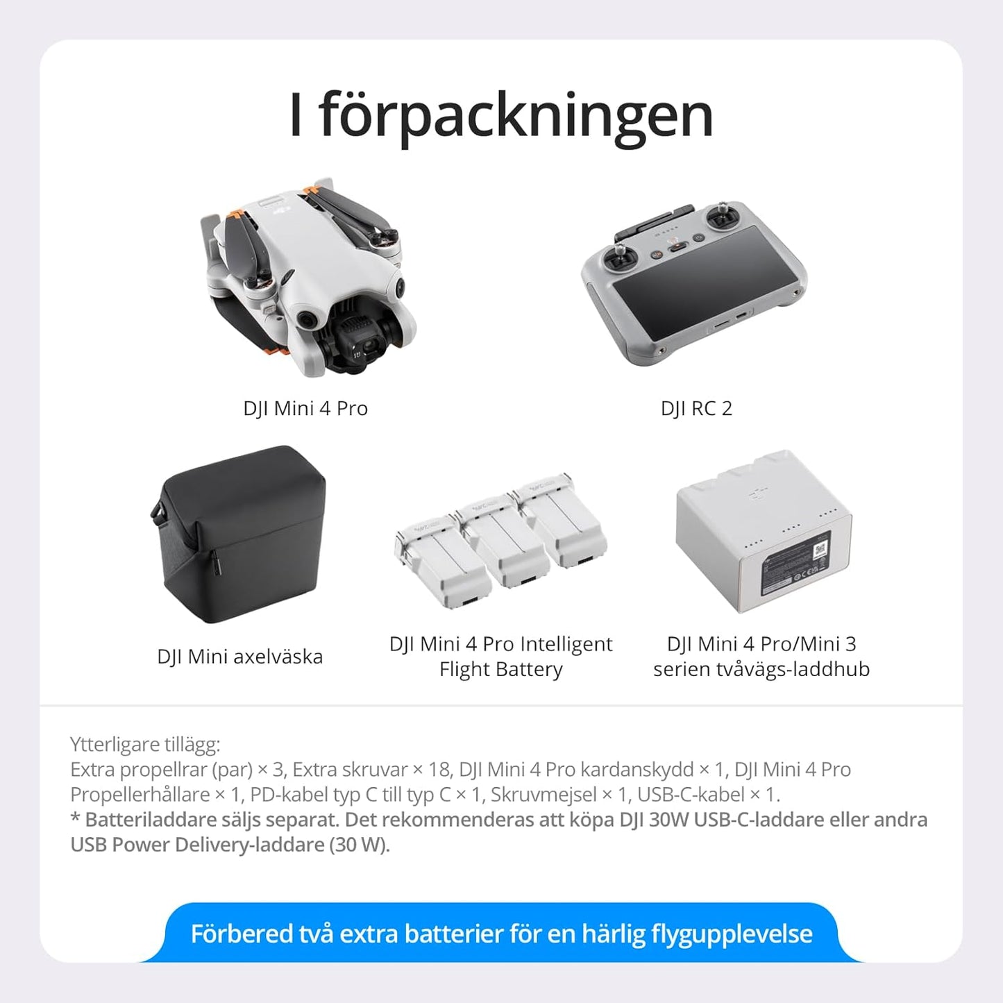 DJI Mini 4 Pro Fly More Combo med DJI RC 2 (fjärrkontroll på skärmen)
