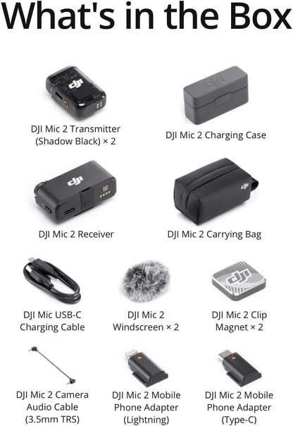 DJI Mic 2 (2 sänd. + 1 mott. + laddningsfodral), trådlös allt-i-ett-mikrofon
