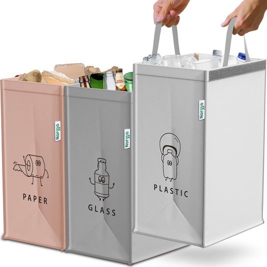 NORGGO® Återvinningskärl – Set med 3 x 40L för plast, papper och glas – Hållbara soptunnor för återvinning