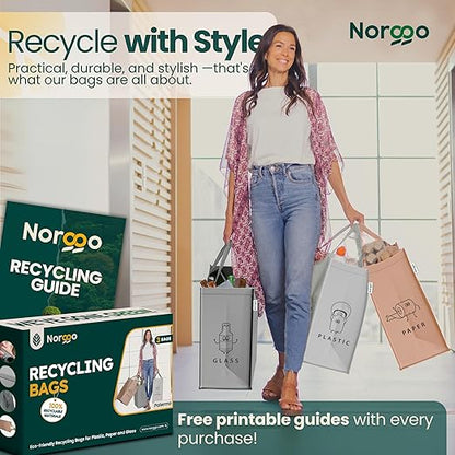 NORGGO® Återvinningskärl – Set med 3 x 40L för plast, papper och glas – Hållbara soptunnor för återvinning